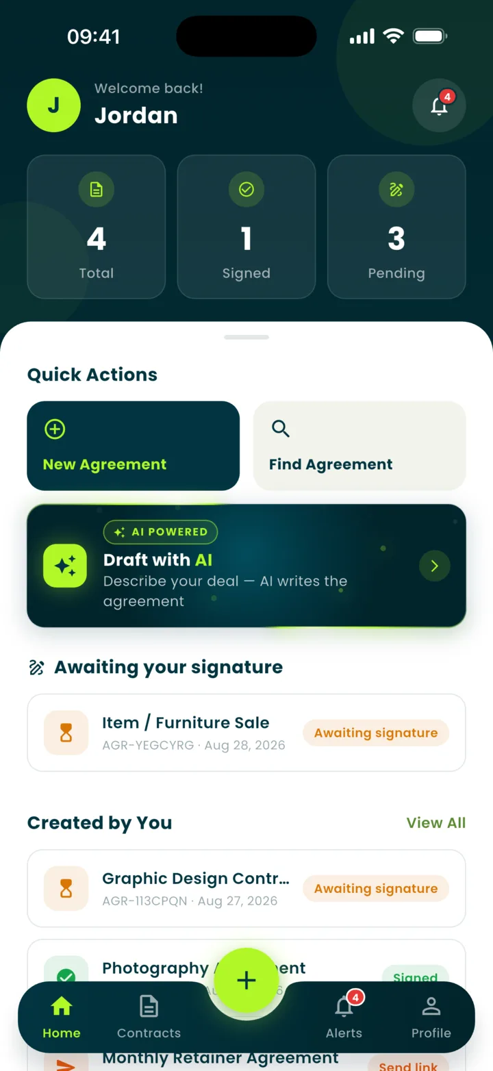 Agreely home screen: agreement counts, Draft with AI, and agreements awaiting signature